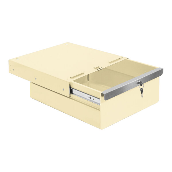 A beige steel drawer for a BenchPro workstation with a handle.