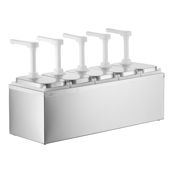 ServSense Quintuple 2 Qt. Stainless Steel Condiment Dispenser - 5 Plastic Pumps, 1 oz. Portions