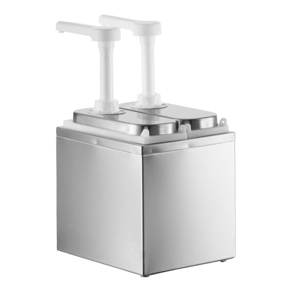 A stainless steel double condiment dispenser with two plastic pumps for dispensing 1 oz. portions.