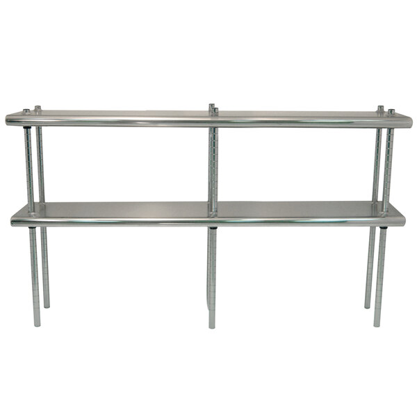 A stainless steel table mounted double deck shelving unit by Advance Tabco.