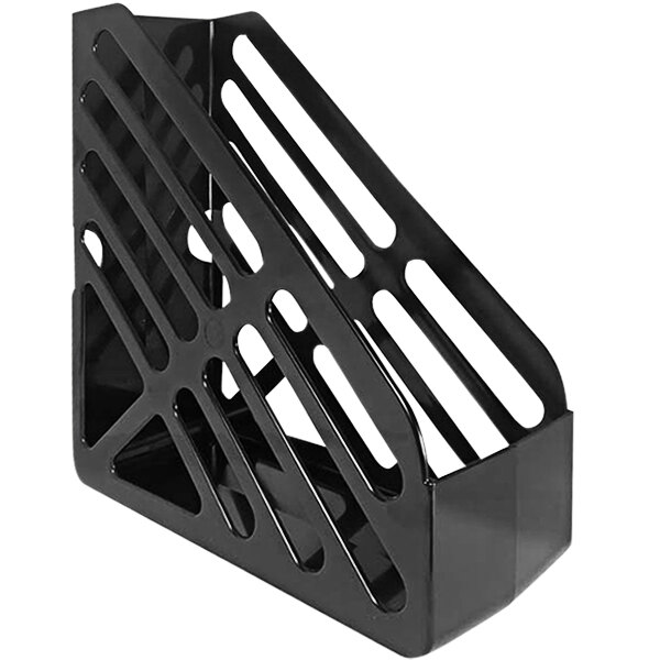 A black plastic Deflecto jumbo magazine file holder with holes.