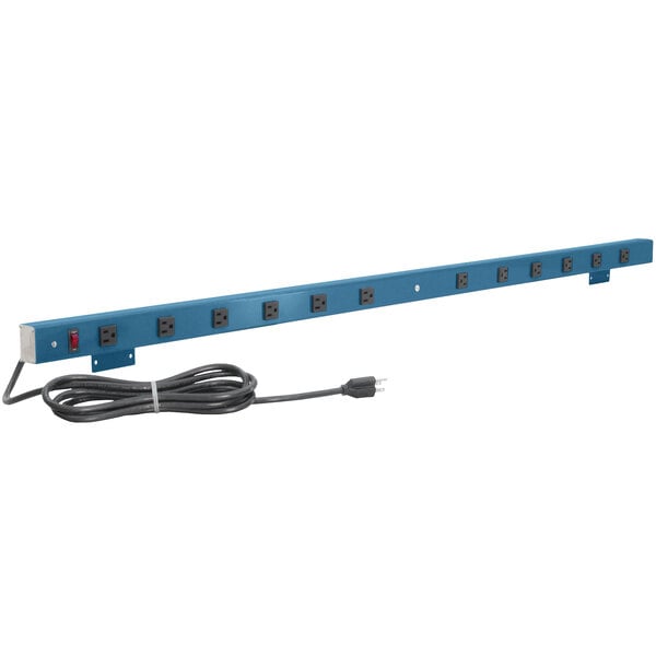 A blue BenchPro mountable power strip with black outlets and a cord.