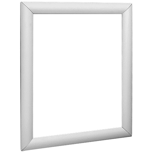 A Deflecto aluminum wall mount display frame with a white border holding an 11" x 17" white picture.