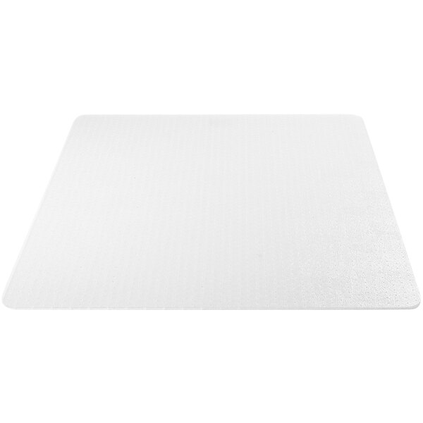 A clear rectangular Deflecto chair mat with a white background.