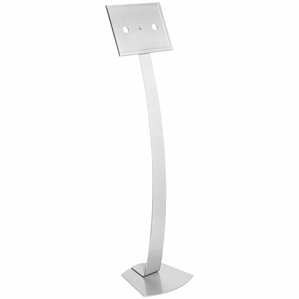 A silver metal Deflecto literature floor display stand with three holes for 8 1/2" x 11" signs.
