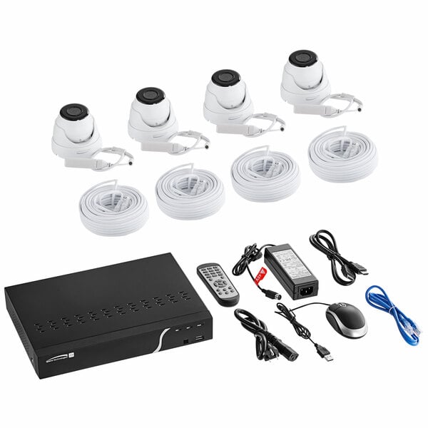 A Speco Technologies 4-channel surveillance kit with 4 IP cameras, a black box, and cables.