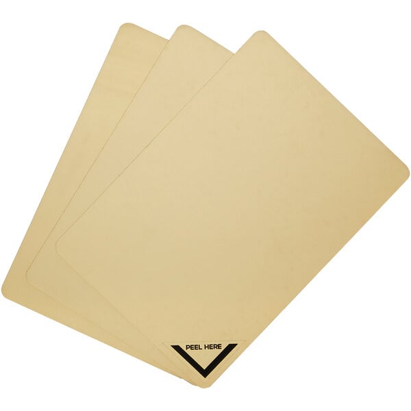A group of Deflecto gold acrylic signs with black triangles on them.