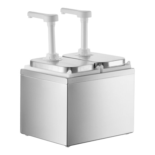 ServSense Double 2 Qt. Stainless Steel Condiment Dispenser - 2 Plastic Pumps, 1 oz. Portions