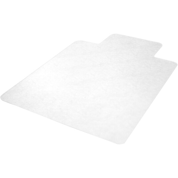 A clear vinyl chair mat with a straight edge and a lip.