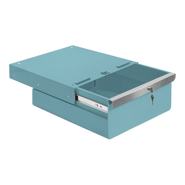 A light blue steel BenchPro drawer with a handle.