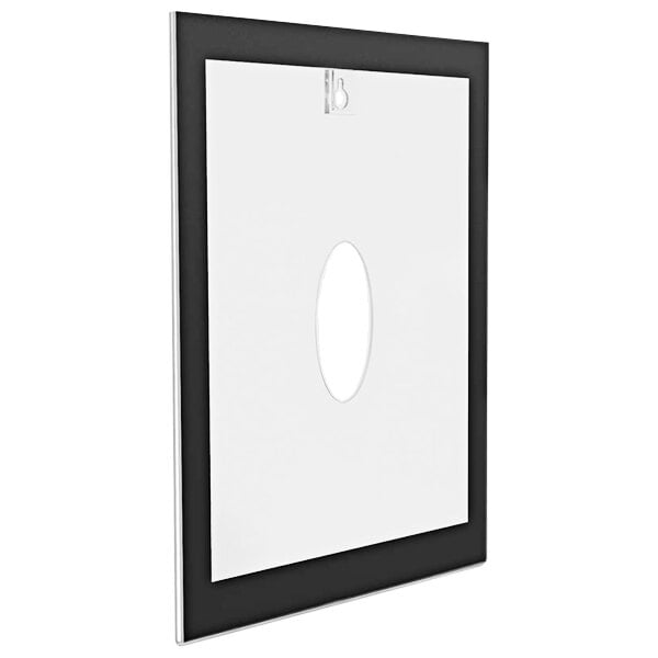 A white rectangular sign holder with a black border.