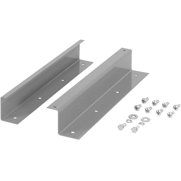 A pair of metal brackets with screws and nuts.