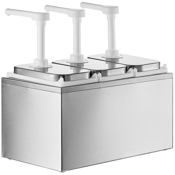 A stainless steel ServSense condiment dispenser with three plastic pumps.