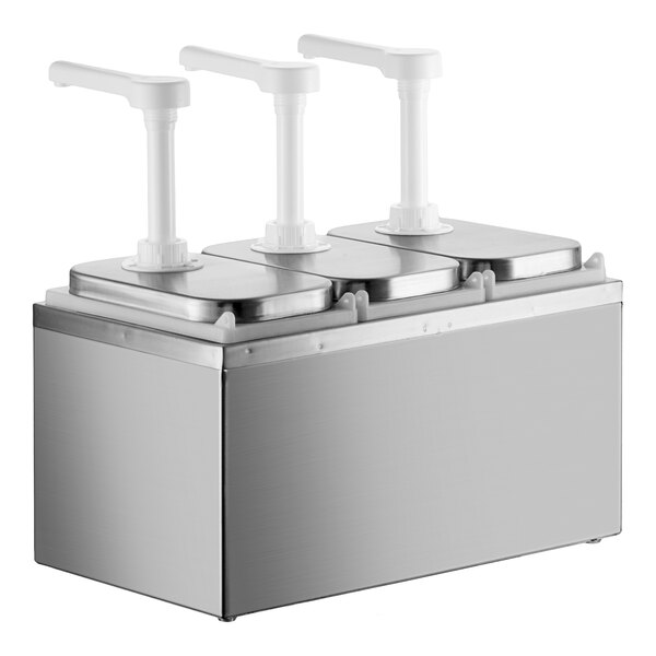 ServSense Triple 2 Qt. Stainless Steel Condiment Dispenser - 3 Plastic Pumps, 1 oz. Portions