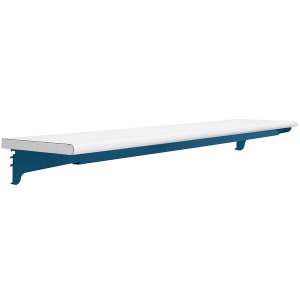 A white and blue BenchPro Formica laminate shelf with blue trim.