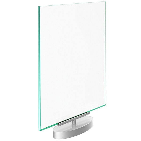 A Deflecto glass sign holder with a silver base holding a sign.