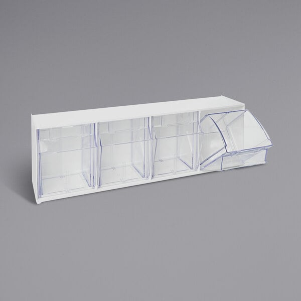 A white rectangular container with clear plastic shelves.