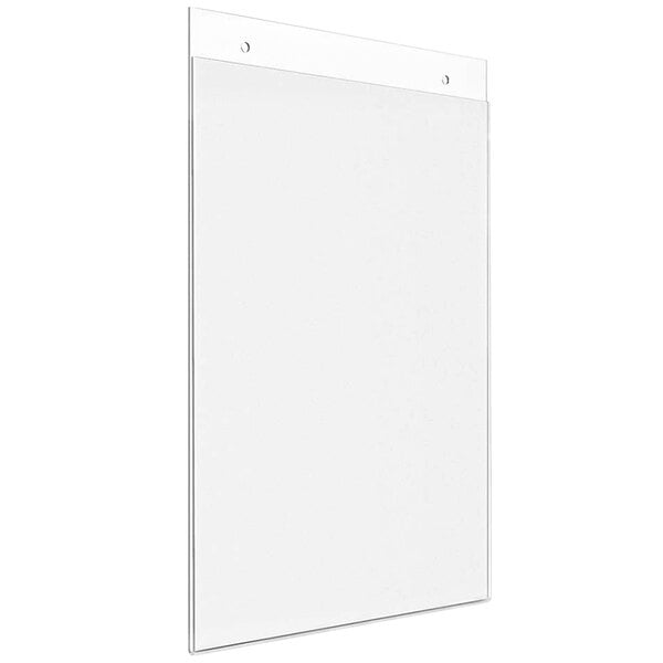 A white rectangular Deflecto anti-glare sign holder with a black border and two holes.