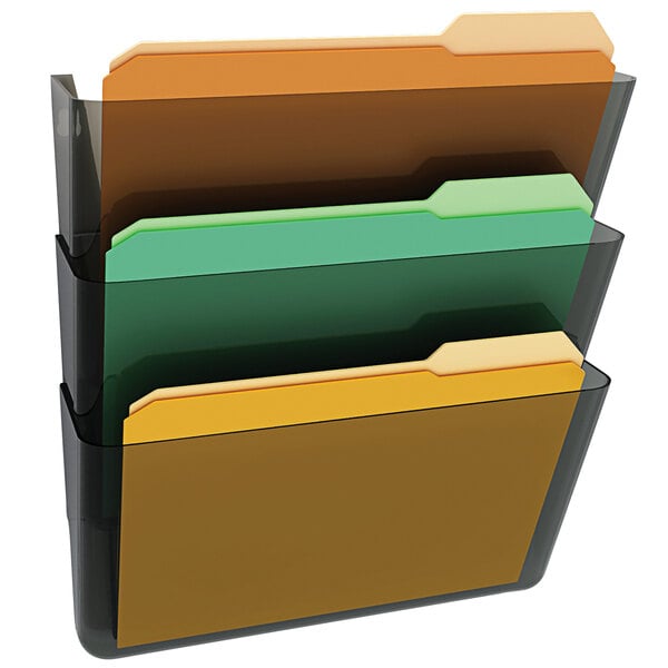 A Deflecto smoke wall mount docupocket with three colorful folders in it.