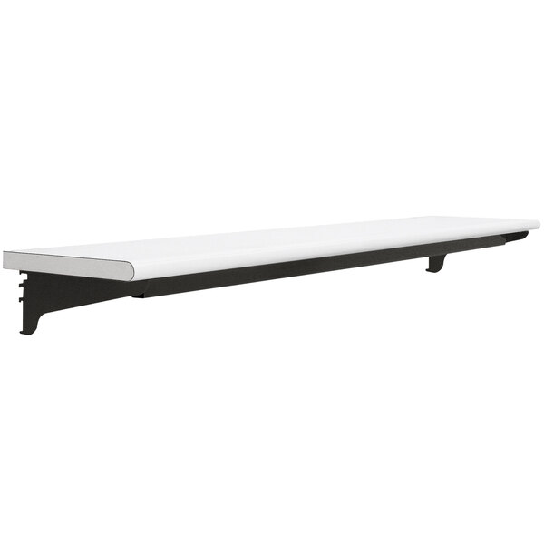 A white BenchPro Formica laminate shelf with black metal brackets.