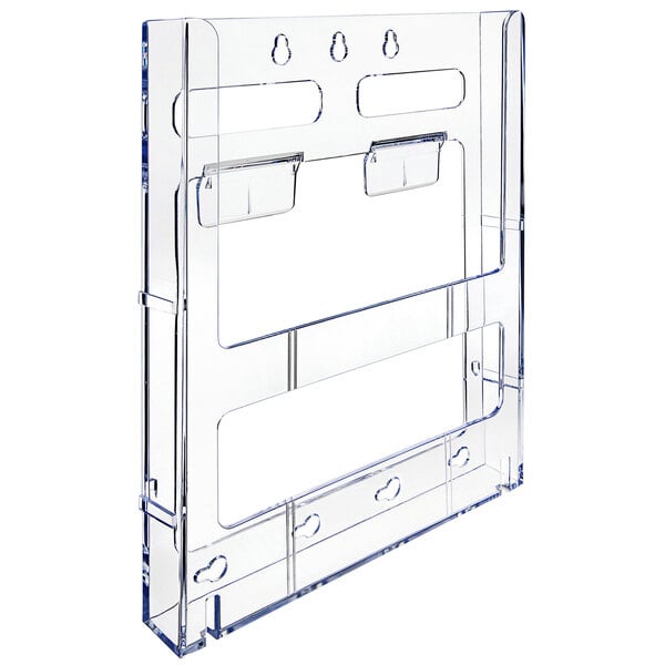 A Deflecto clear plastic magazine display with two shelves.