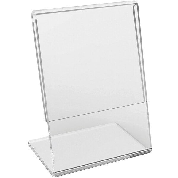 A clear plastic Deflecto mini tabletop sign holder.