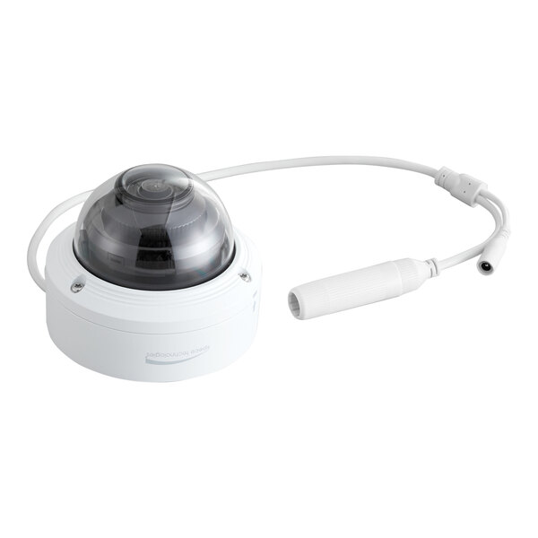 A white dome-shaped IP security camera with a clear cover and attached cable, designed for surveillance.