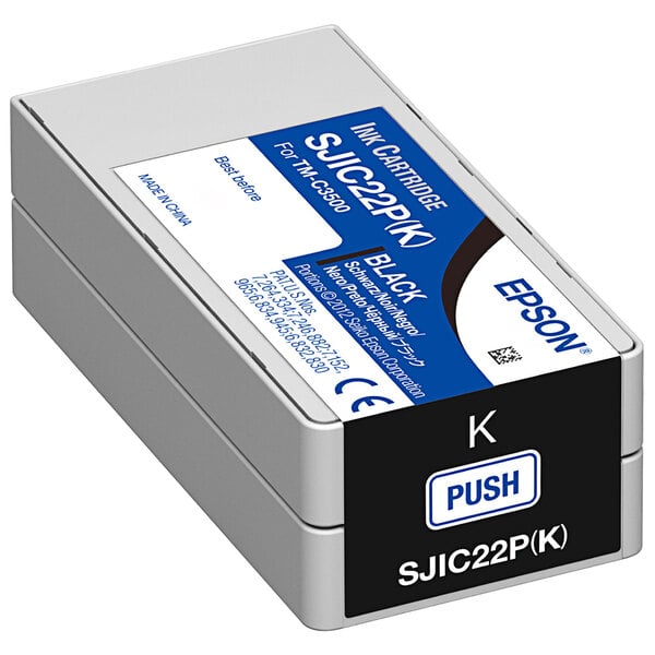 A black and blue Epson ink cartridge with a blue and white label.