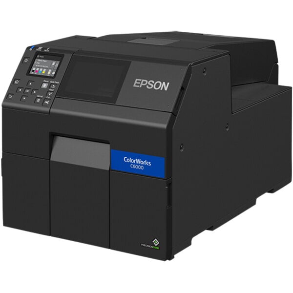 An Epson C-series color label printer with a blue label on the screen.