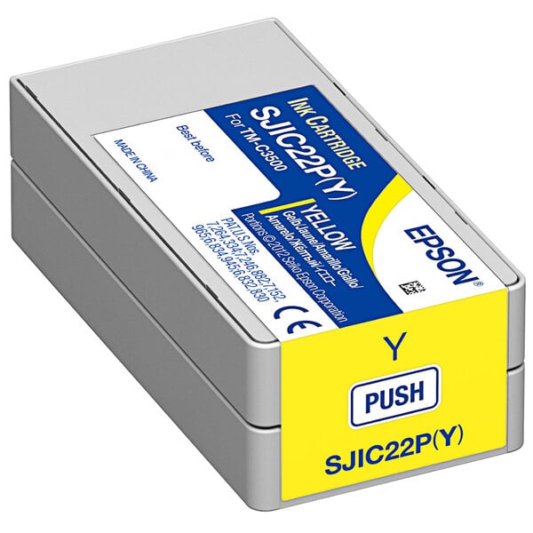 A grey rectangular box with a yellow label for an Epson C33S020583 yellow ink cartridge.