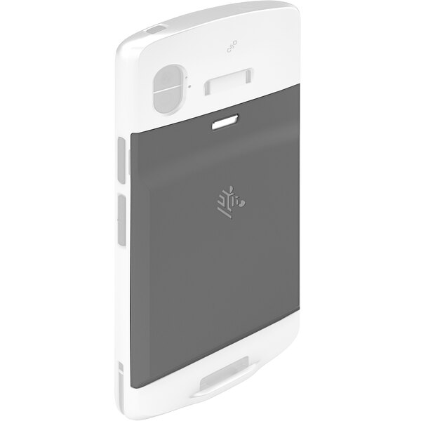 A close up of a white and grey Zebra EC50 or EC55 mobile computer with a grey logo.