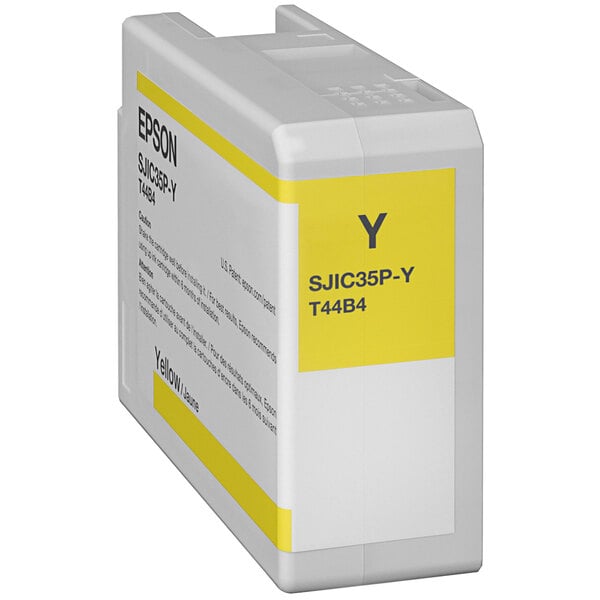 A white and yellow Epson ink cartridge with yellow text on the label.