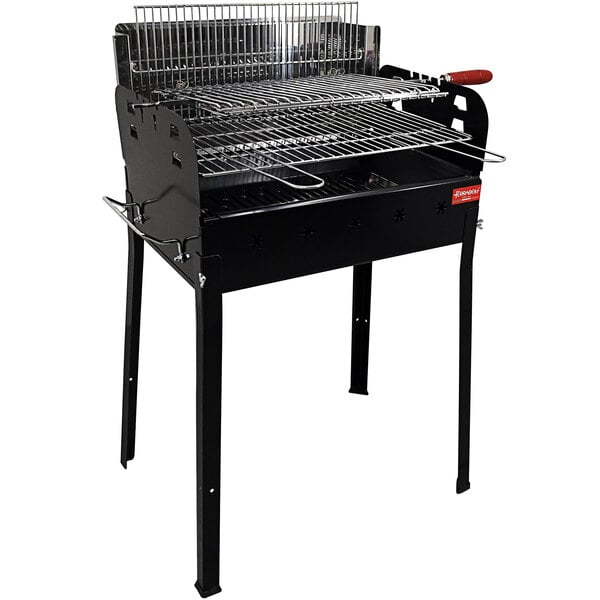 A black barbecue grill with metal grates.