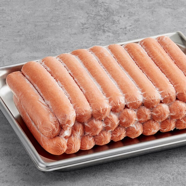 A tray of Nathan's Famous 6" beef franks.