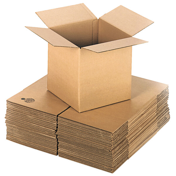 A stack of Lavex kraft cardboard shipping boxes.