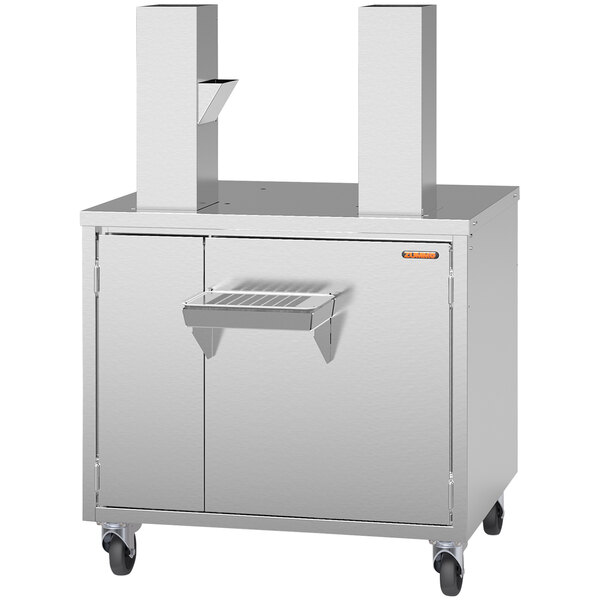 A silver metal Zummo dual cabinet with two doors.