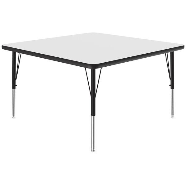 A white square activity table with black adjustable legs.