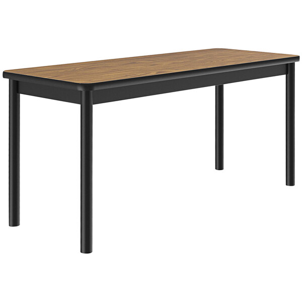 A Correll library table with black legs and a wood top.