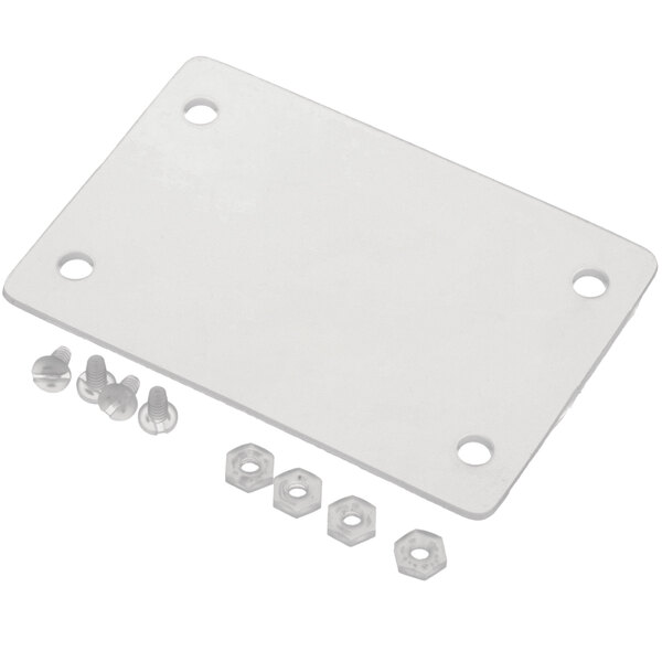 A white rectangular plastic plate with screws and bolts.