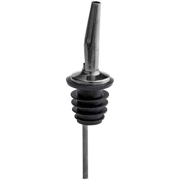An Acopa black metal liquor pourer with a black stopper.