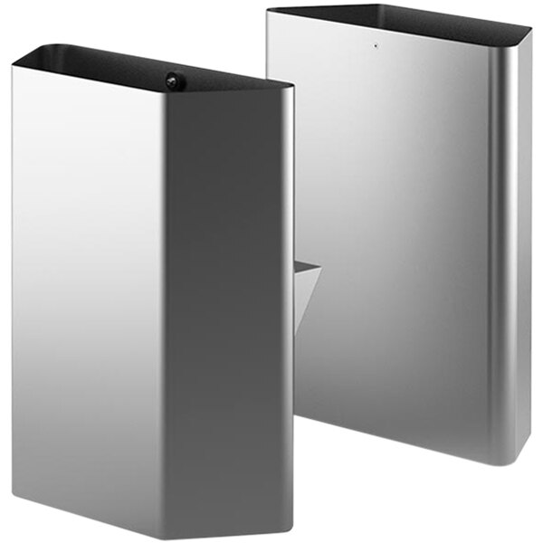 Two silver rectangular stainless steel peel collector bins.