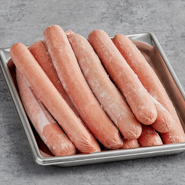 A tray of frozen Nathan's Famous 12" Beef Franks.