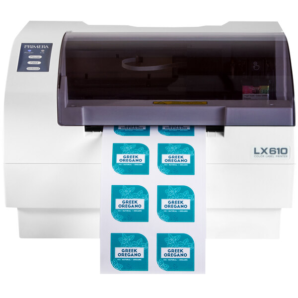 A white Primera LX610 label printer printing a label.