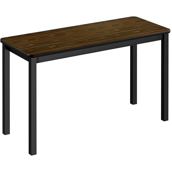 A Correll walnut thermal-fused laminate lab table with black legs.