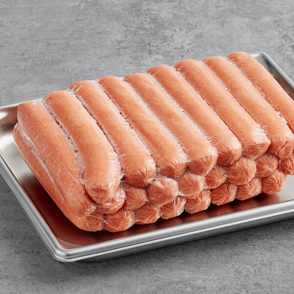 A tray of Nathan's Famous beef hot dogs.