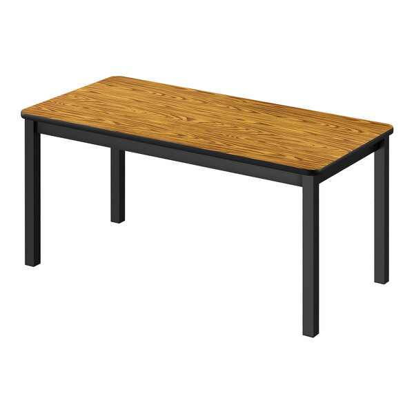 A Correll library table with a medium oak top and black legs.