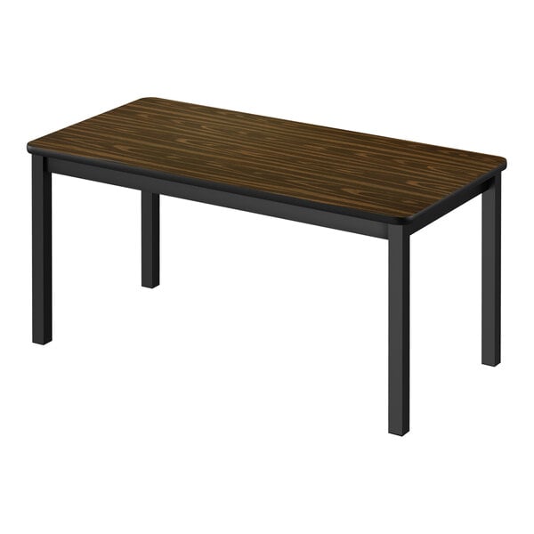 A brown rectangular Correll library table with a black frame.