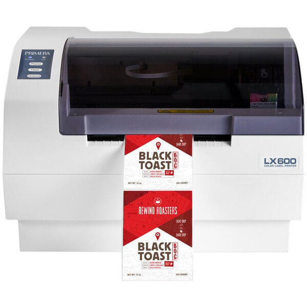 A white Primera LX600 label printer printing a label.