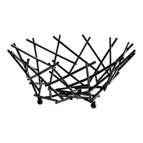 A black metal round basket with a thatch design on the sides.