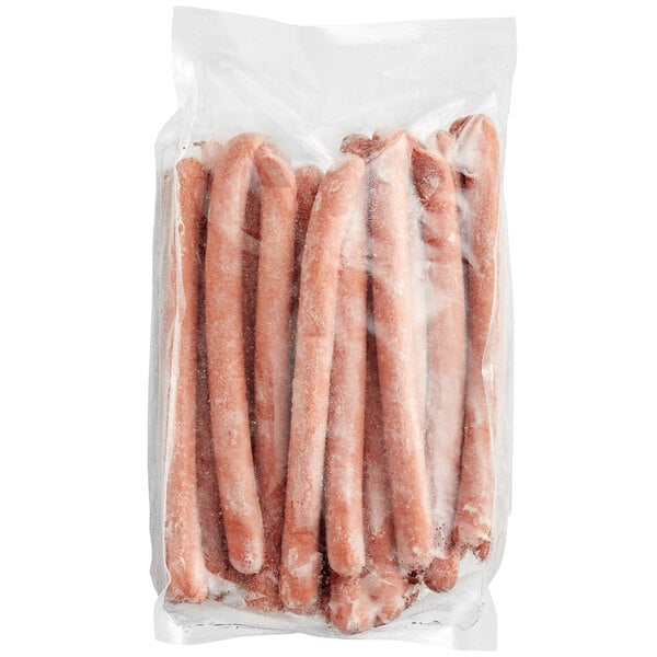 A bag of frozen Nathan's Famous 6/1 Beef Franks.